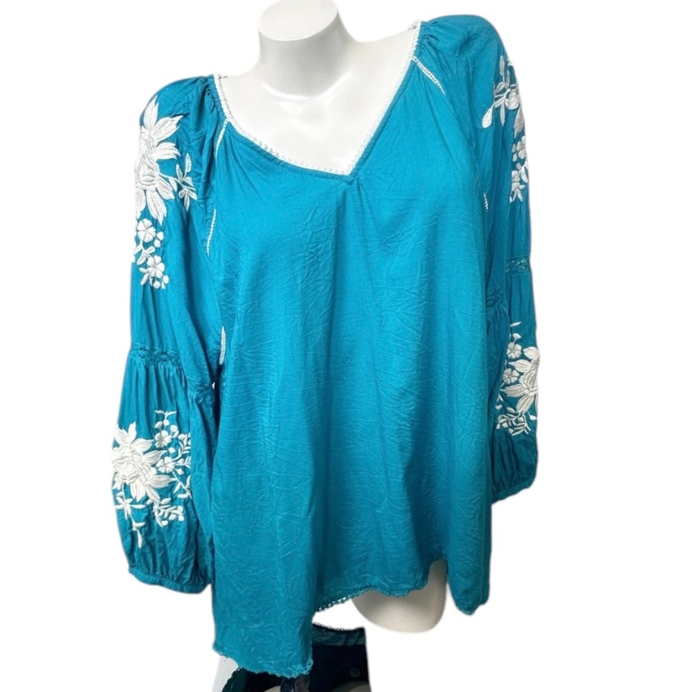 SUNDANCE Naomi Isles Modal Turquoise and Cream Long Sleeved Embroidered XL Tunic - Picture 1 of 13